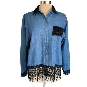Blue Denim Button Up Shirt Black Lace Trim Black Velvet Collar Casual Boho MED